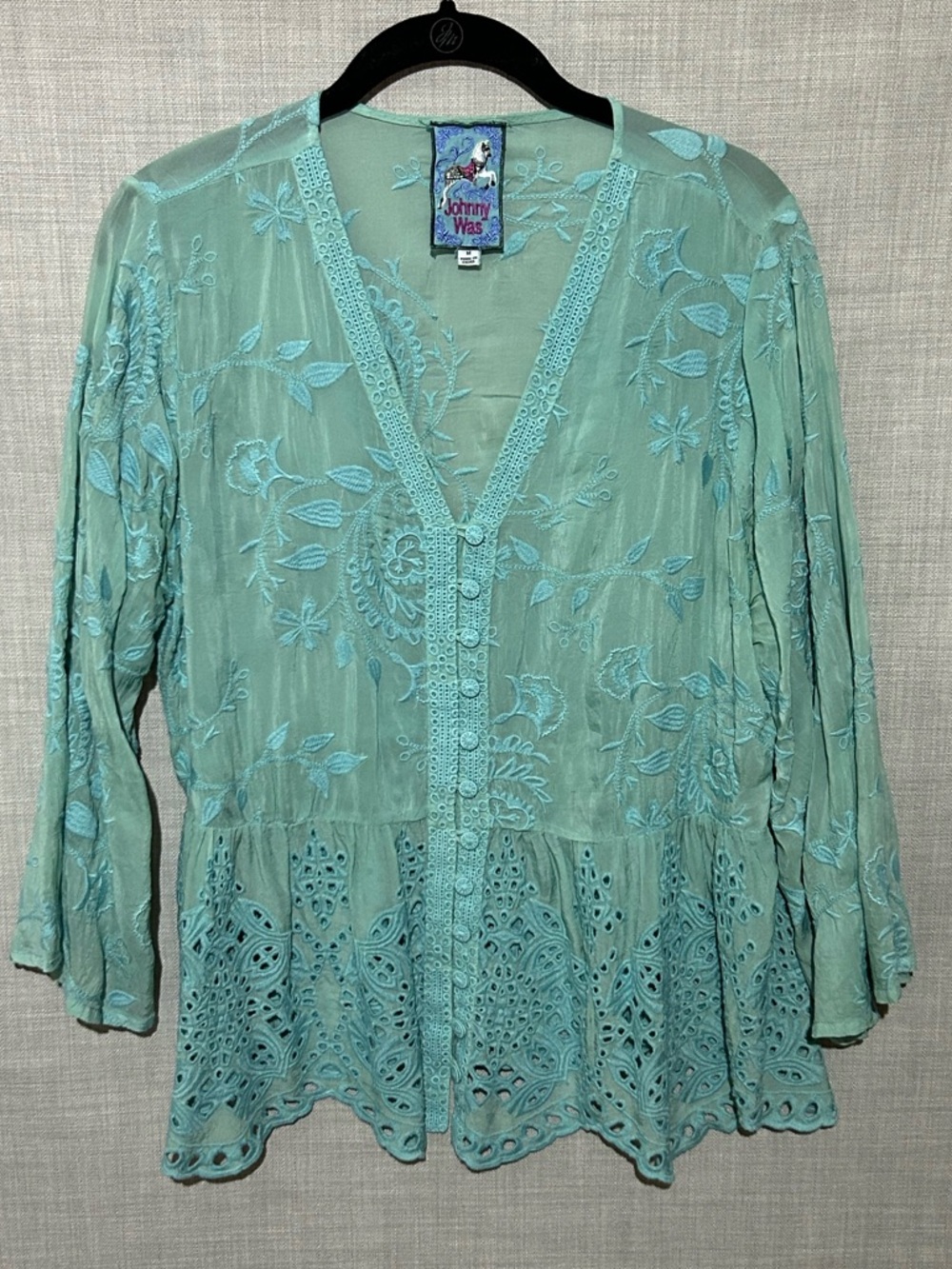 **SOLD** Johnny Was Aqua Embroidered Ingrid Reveka Bohemian Blouse Medium